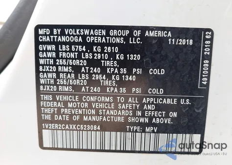 2019 Volkswagen Atlas 3.6L V6 Sel из США, поврежденный, VIN 1V2ER2CAXKC523084